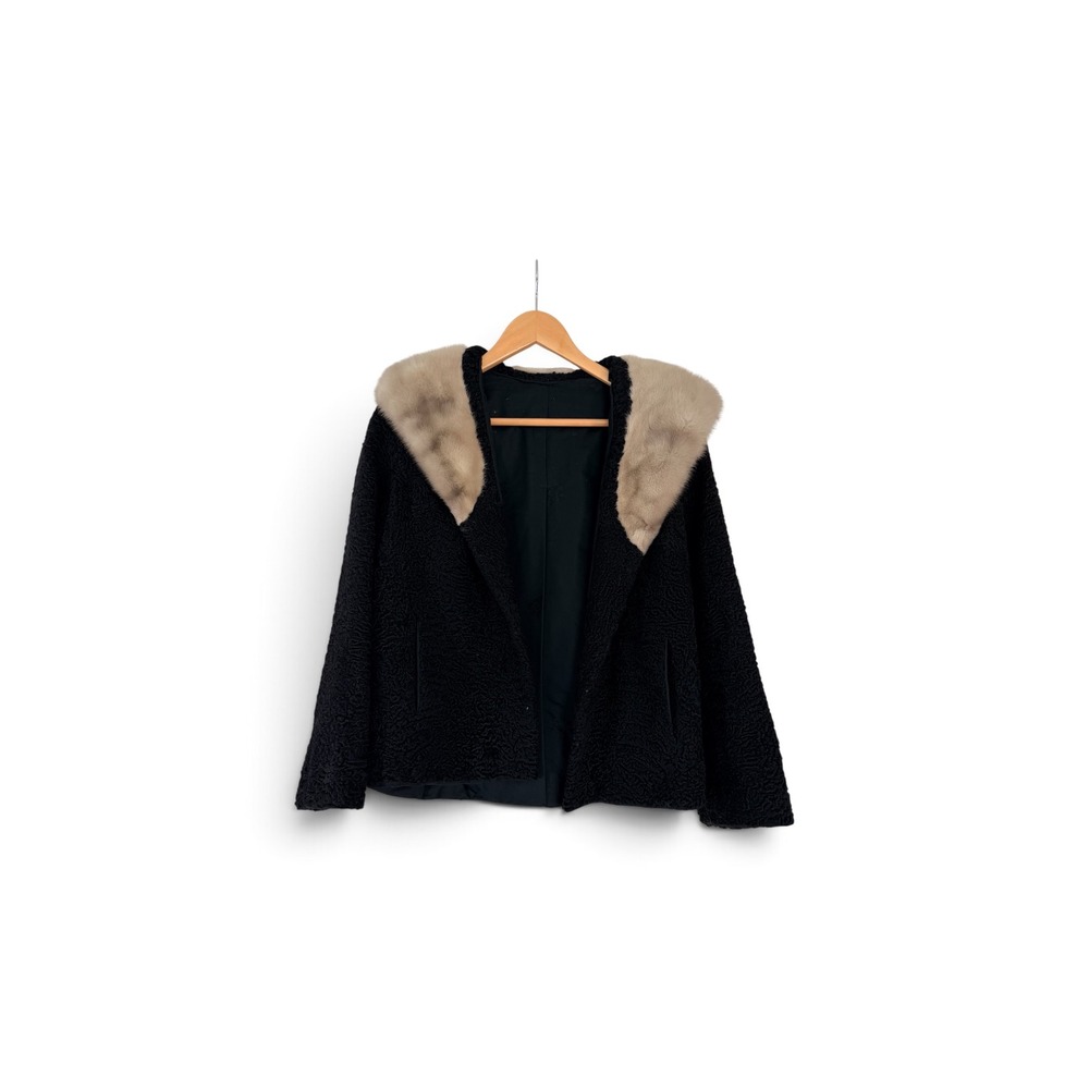 Vintage Rita Manzo Black Curly Faux Fur Jacket Real Mink Fur Collar Mid-Century